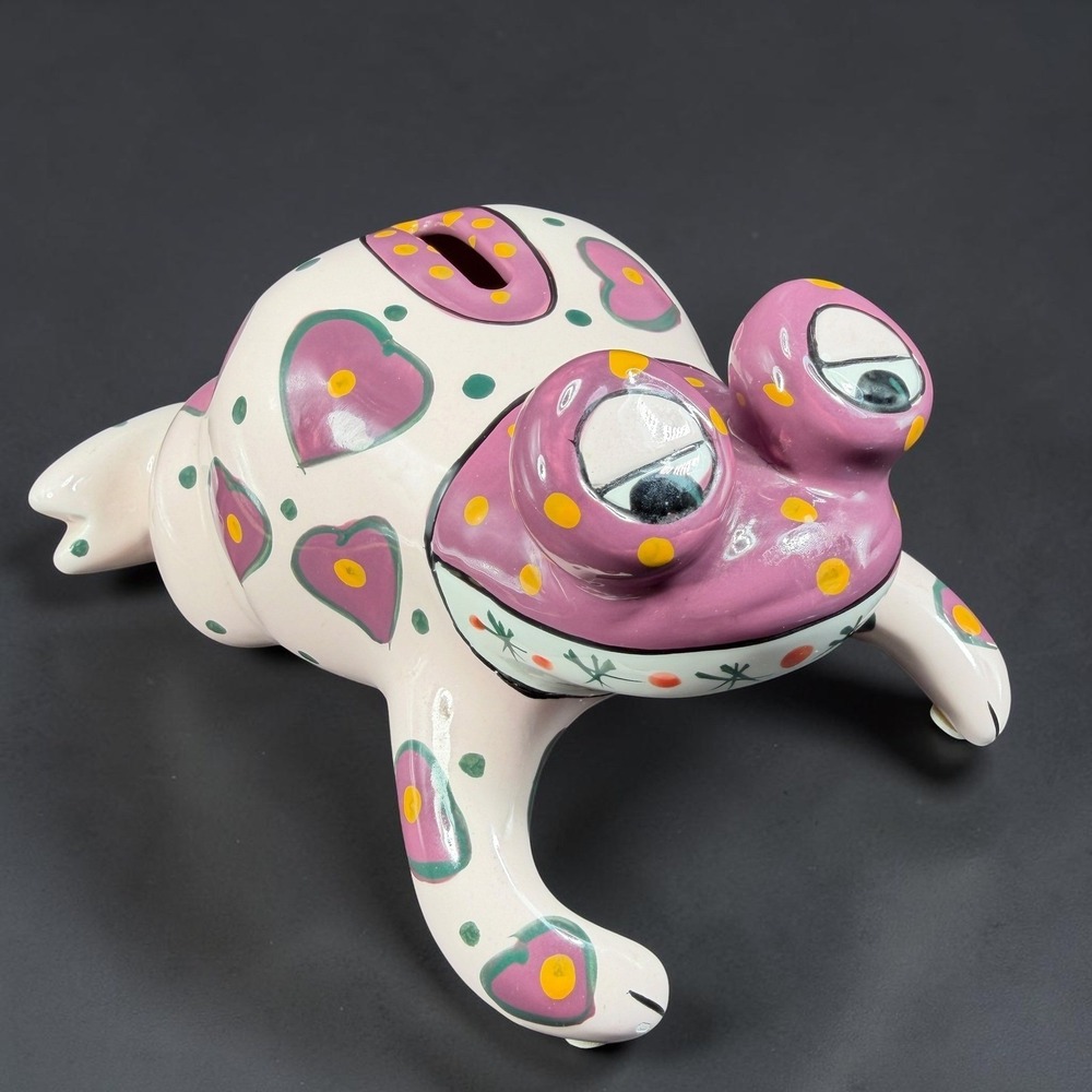 Ganz Bella Casa Ceramic Frog Piggy Bank Hand Painted Hearts Polka Dots Pink